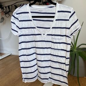Madewell white and navy striped v neck tee